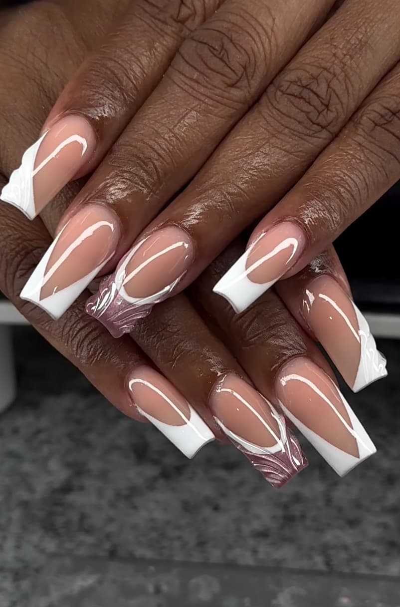 White marbled French tip nail set