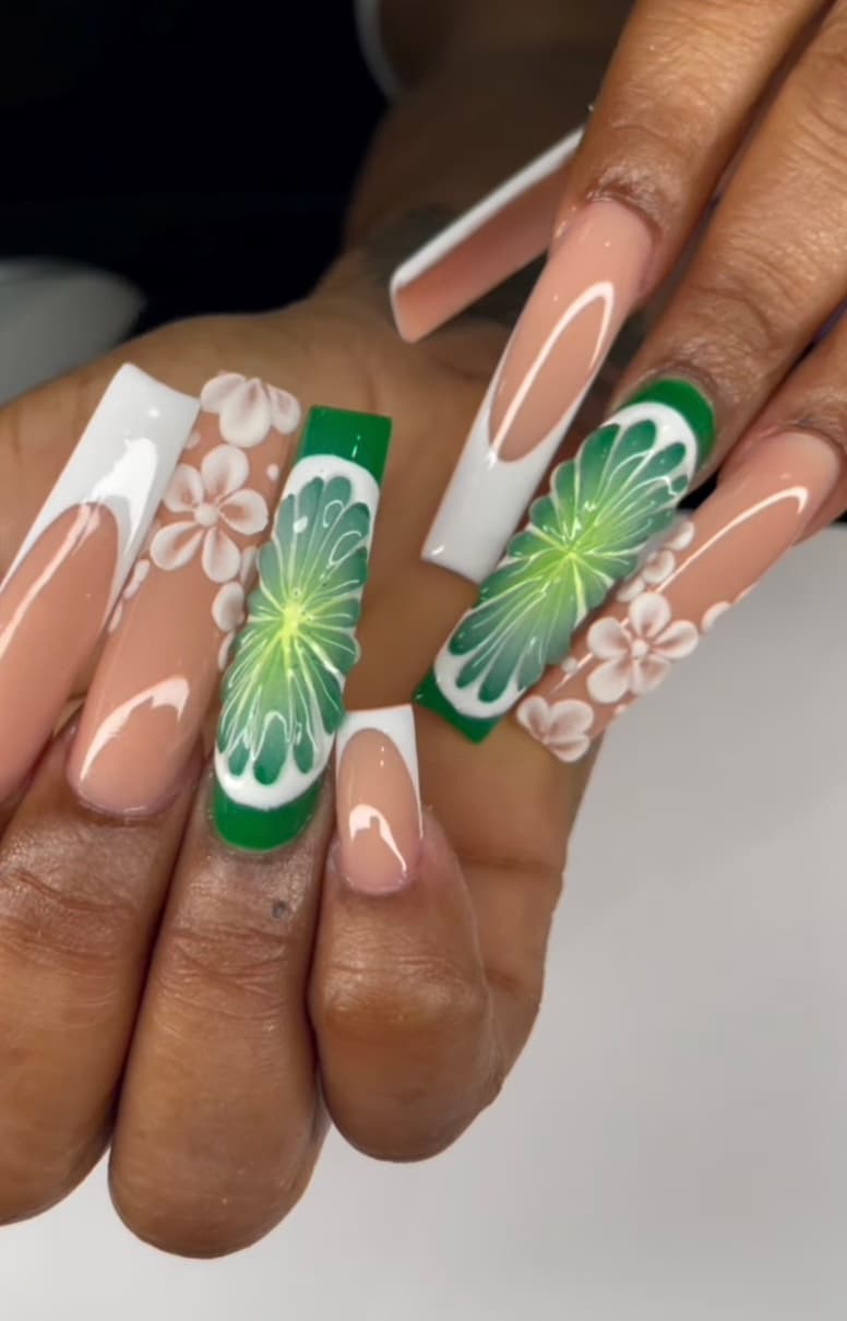 Green and white tropical floral nail art